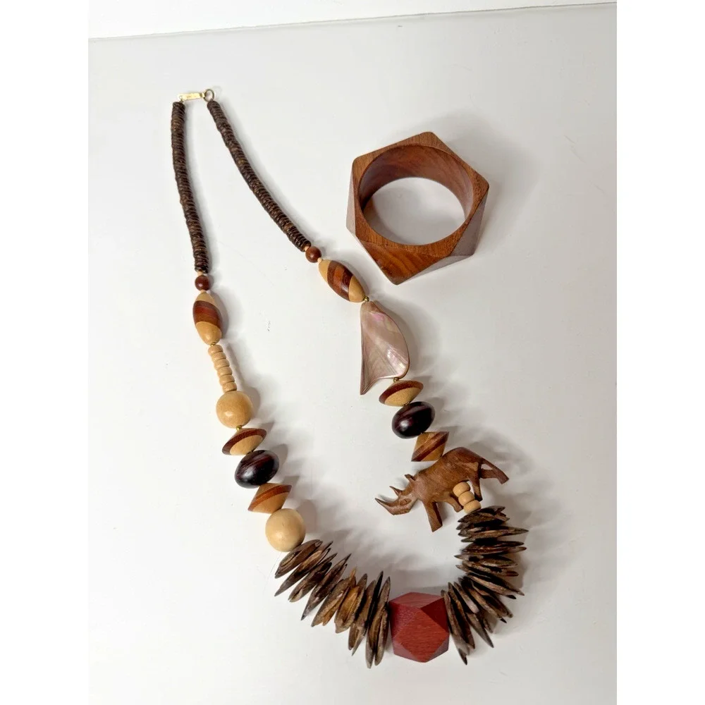 Wood Jewelry Lot Statement Necklace Geometric Bangle Boho Tribal Artisan Shell